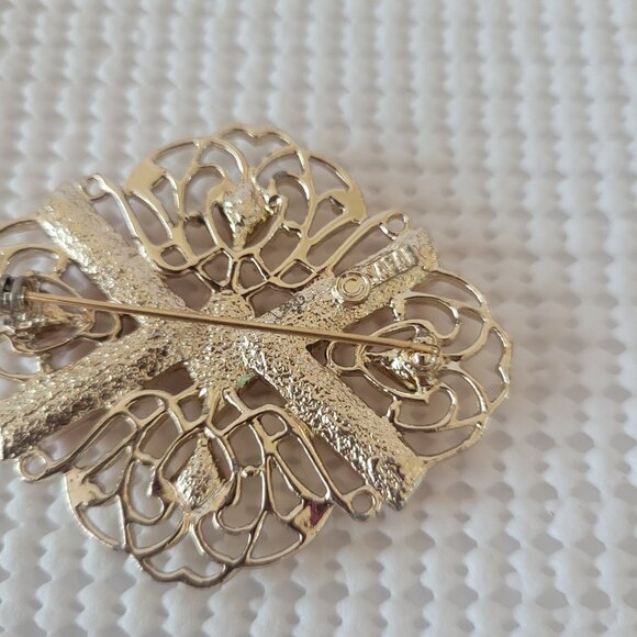 Sarah Coventry Signed Gold Tone Filgree Orange Cabochon Bead Oval Pin Brooch - Picture 4 of 5